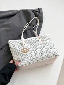 1pc PU Zipper Pattern Print Rivet Inlaid Minimalist Versatile Large Capacity Shoulder Tote Bag, Suitable For Women's Daily Use