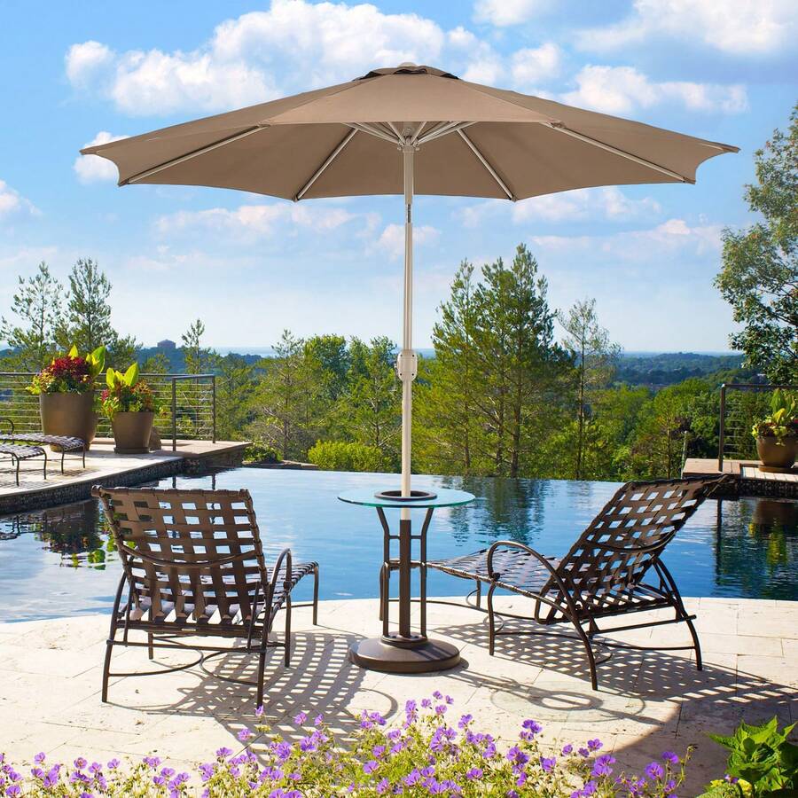 Aoodor 9FT Outdoor Patio Umbrella, Outdoor Market Table Umbrella With 8 Sturdy Ribs, Push Button Tilt And Crank For Garden, Deck, Backyard - 咖啡棕 - 查看 1