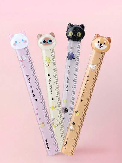1支/4支装卡通宠物尺，毛球小镇系列尺子，15厘米绘图尺，彩色塑料尺，卡通创意绘画文具，创意绘画书签，适用于学校、办公室、绘画测量、礼品、尺子