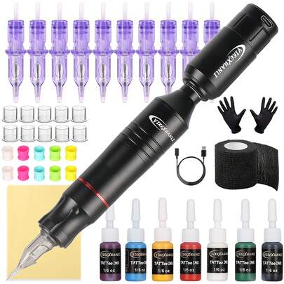 yikexuanli Tattoo Kit, All-In-One Tattoo Pen Tattoo Gun, Equipped With Battery, 10 Needle Tips, 7 Colors 5ML Ink, Tattoo Accessories, Suitable For Beginner Tattoo Artists And Professionals, Great Gift For Boyfriend And Girlfriend