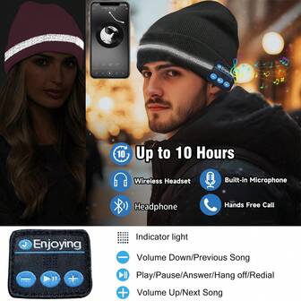 1pc Solid Color Acrylic Beanie Hat, Unisex Earphone Hat With Reflective Strips For Party, Winter, Outdoor Sports