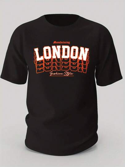 Herrskjorta i vintage-stil, svart med orange neon-London-tryck, % bomull 180 g/m², normal passform, rund hals, kortärmad, casual, avslappnad klädsel