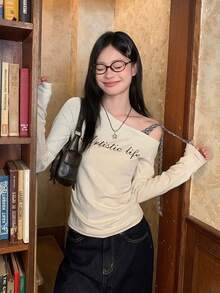 斜肩格纹系带打底衫，秋季字母印花修身长袖女式上衣，情人节、秋冬季/春季款