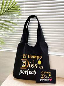 印花帆布手提袋，饰有“El-Tiempo”彩色图案，便携休闲收纳手提包，多功能购物袋，简约旅行收纳袋，大容量旅行化妆包，全新设计，空间宽敞，是购物、婚礼、生日、海滩、度假、返校的理想之选。 - 彩色 - 查看 1