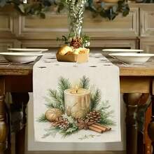1 pieza Camino de mesa de piña con vela de Feliz Navidad, mantel rectangular de estilo rústico de lino para decoración del hogar, perfecto para decoración de fiestas navideñas, decoración de granja, decoración festiva, fiestas familiares, regalo