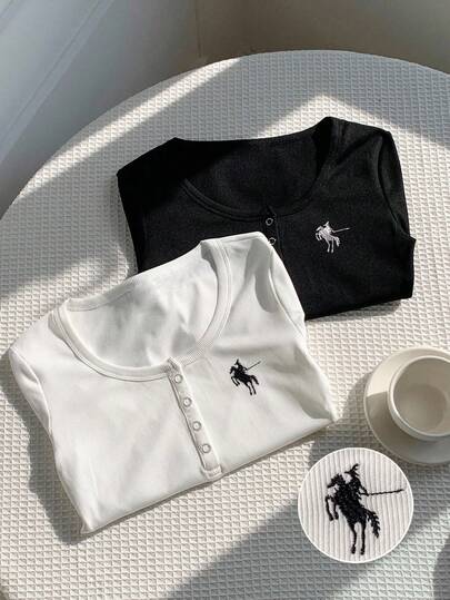 2 件女童休闲圆领长袖百搭 T 恤上衣，刺绣设计，罗纹拉绒华夫格面料，适合春秋冬季，可机洗