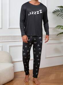 Herren Hausanzug, Rundhals Langarmoberteil & lange Hose, zufälliges Muster, lässiger Pyjama-Set, Herbst-Winter-Kleidung