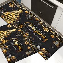 Paillasson thème noir et or de Noël avec design d'arbre de Noël et couronne de renne - résistant à la saleté, léger, convient pour la salle de bain, le salon, la chambre, la cuisine, le bureau - décoration de Noël