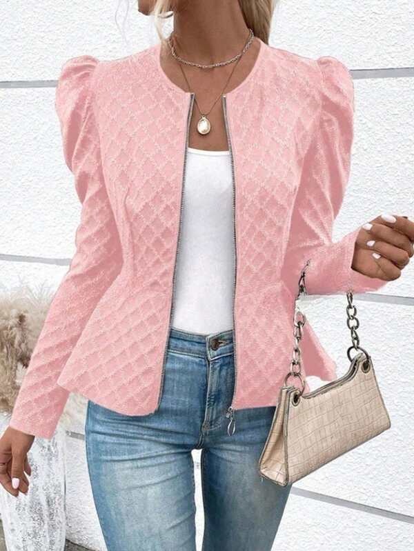 Chaqueta con cremallera de unicolor con mangas de princesa, detalles de jacquard y cuello redondo pequeño - Adecuado para el uso casual diario, el transporte, el hogar y las actividades al aire libre de las mujeres occidentales
