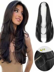 22 Inch/55cm Invisible V-Shaped Long Straight Wig For Women, With Long Curly Hair Extension Piece, Built-In Clips For Natural Looking Hair Integration - Black-brown - View 17