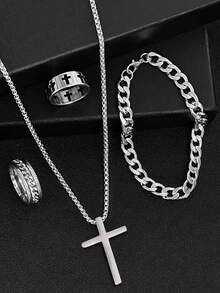 4 Pieces/Set Hip-Hop Fashion Men's Jewelry Set, Cross Necklace, Bracelet And Personalized Ring (Size: 7-12), Stainless Steel Material, No Fading, No Allergy, Suitable For Parties, Daily Life, Dating. The Best Jewelry For Holiday Gifts