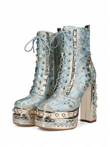 Green Embroidered Fabric Thick High-Heeled Short Boots, Daily Party Boots - Green - View 8