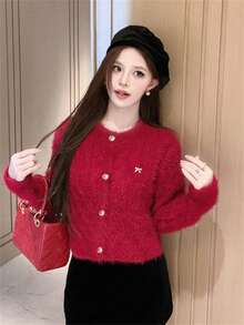 女士时尚短款保暖蝴蝶结多功能圆领长袖毛衣开衫针织外套秋冬街头潮流 - 紅色 - 查看 4