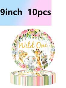 10pcs WILD ONE Wild Animals Theme Party Birthday Tableware Forest Animals Paper Plates Paper Cups Paper Towels Camping Travel Camping - Multicolor - View 3