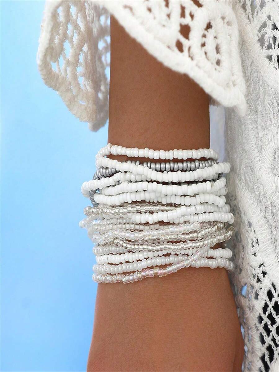 30PCS Bohemian Vacation Style White Series Random Mixed Hair Rice Bead Bracelet Summer Beach Women's Gift - Multicolor - View 1