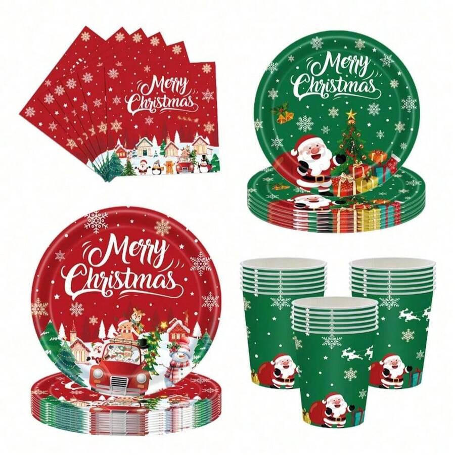 10 piezas/20 piezas/50 piezas/Set, Platos, Tazas y Servilletas de Navidad Alegre - Juego de Vajilla Navideña Redonda Invernal Adorable, Platos, Tazas y Servilletas de Papel Desechables de 7 pulgadas y 9 pulgadas, Tenedores para Suministros de Fiesta de Navidad, Decoración de Mesa - Multicolor - Ver 1