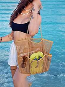 Mesh Beach Bag, Women's Shoulder Tote Bag, Large Capacity Foldable Mesh Swim Bag With Pocket, Bath Swimming Toiletries Storage Bag, Beach And Seaside Entertainment Storage Tote Bag - Multicolor - View 9