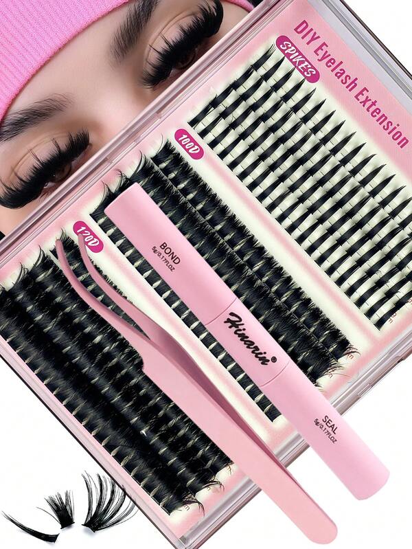 Hinarin 240 Pcs D Curl Lash Clusters Kit With Lash Bond And Seal Tweezers With Spikes 3 Styles Manga Lash Clusters Spike Lashes Multi-Type Natural Look Cat Eye Dramatic Wet Eyelashes Reusable Individual DIY Eyelash Extension At Home