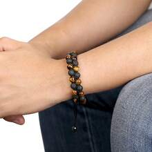1pc New Tiger Eye Black Agate Natural Stone Beaded Bracelet, Adjustable Multi-Layer Woven Bracelet For Women & Men, Durable