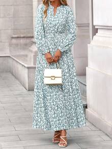 Women Fall Boho Maxi Dress Floral Long Sleeve V Neck Button Pockets Flowy Long Dress Autumn Winter Holiday Vacation Wedding Dresses Outfits - 白綠花 - 查看 4
