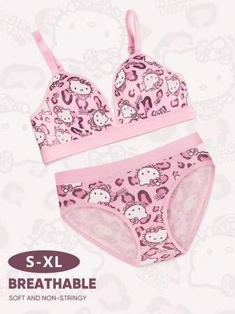 Sanrio Damunderklädesset, trendigt Hello Kitty-tryck, rosa vardags-BH och bekväma trosor med medelhög midja