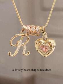 1pc Minimalist Cubic Zirconia Heart Gemstone Initial Letter DIY Necklace, Customized Simple Letter Name Necklace, Stainless Steel Initial Pendant Necklace, Fashionable, Autumn, Minimalist, Casual, Vintage Coin Customized, Personalized, Unique Gift For Girlfriend, Mom, Family, Friend, Daughter, Anniversary, Valentine's Day, Mother's Day, Birthday, Graduation, Daily Wear, Wedding, Prom - Gold - View 7