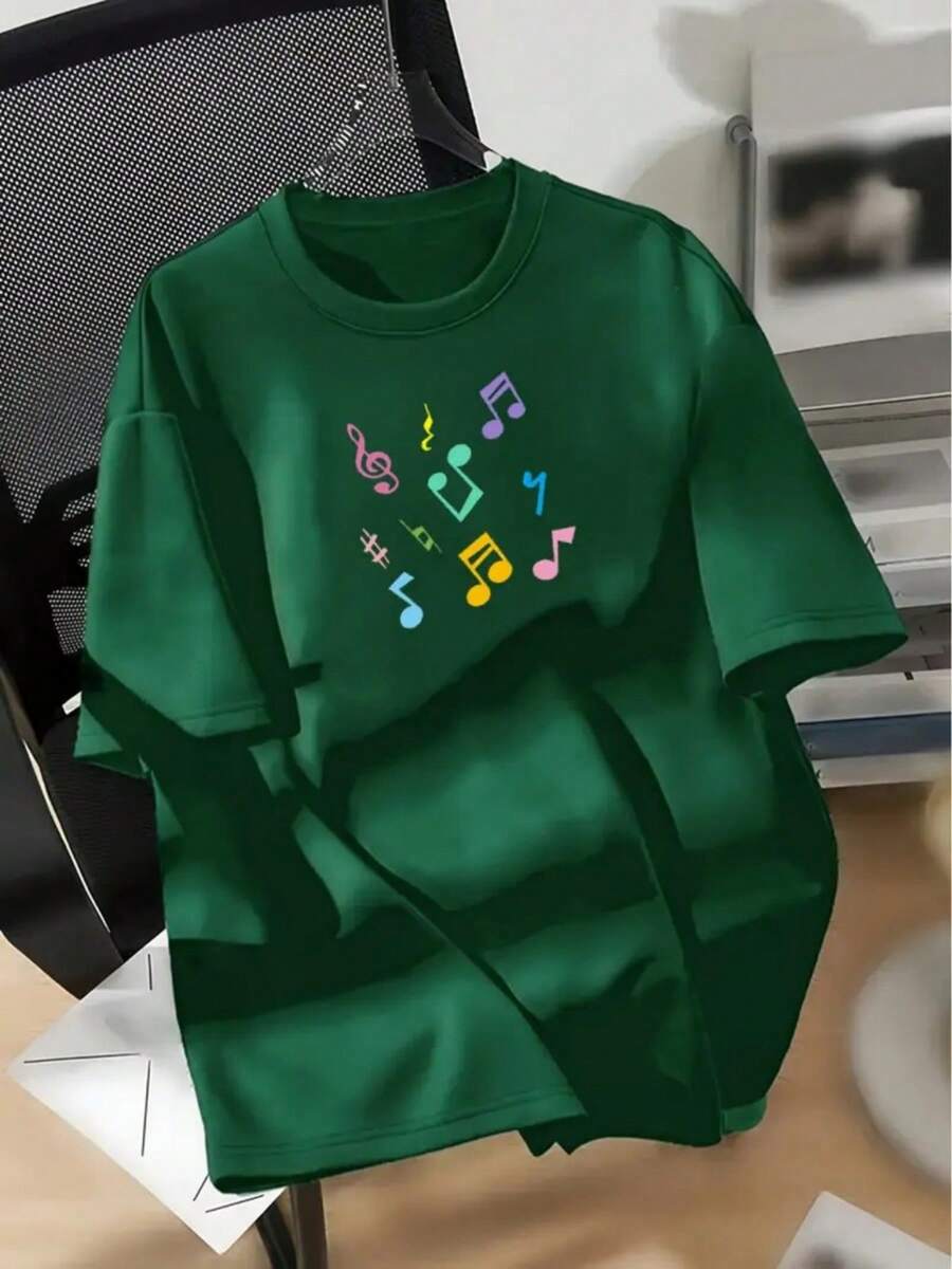 220g multi-color pure cotton T-shirt, soft, easy to breathe in summer, popular and popular recently, moisture wicking, printed with colorful musical note patterns, suitable for sports, outdoor travel and weekends, the best gift choice - Verde - Ver 1