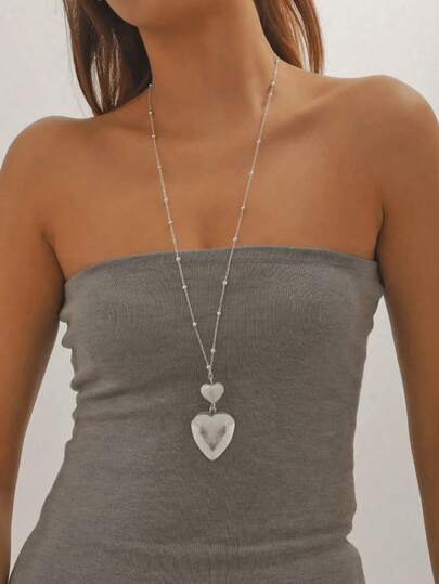 1pc Silver Minimalist Heart Pendant Long Necklace For Women