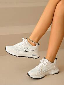 scarpe sportive casual con suola spessa, punta tonda e lacci, stile studente, comoda e con platform per donna - nero - Visualizzare 5