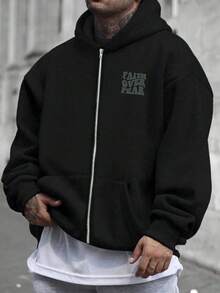 Plus Size Men's Creative English Text Graphic Print Casual Metal Zipper Hoodie Sweatshirt, Autumn/Winter