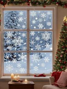 113pcs/Set 3D Christmas Static Cling Window Stickers, Includes 2 Double-Sided Christmas Stickers, White Snowflake Static Cling Glass Stickers, Reusable Santa Claus, Snowman, Snowflake, Reindeer Decorative Stickers, Suitable For Home, Shop Windows, Holiday Party Decor, Easy To Apply And Remove, Window Stickers With Double-Sided Christmas Stickers