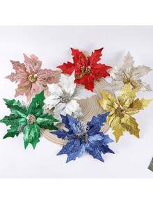 10 Stücke künstliche glitzernde Weihnachtsblumen mit Clips, extra groß, geeignet für Weihnachtsbaum Dekoration und Feiertags Deko