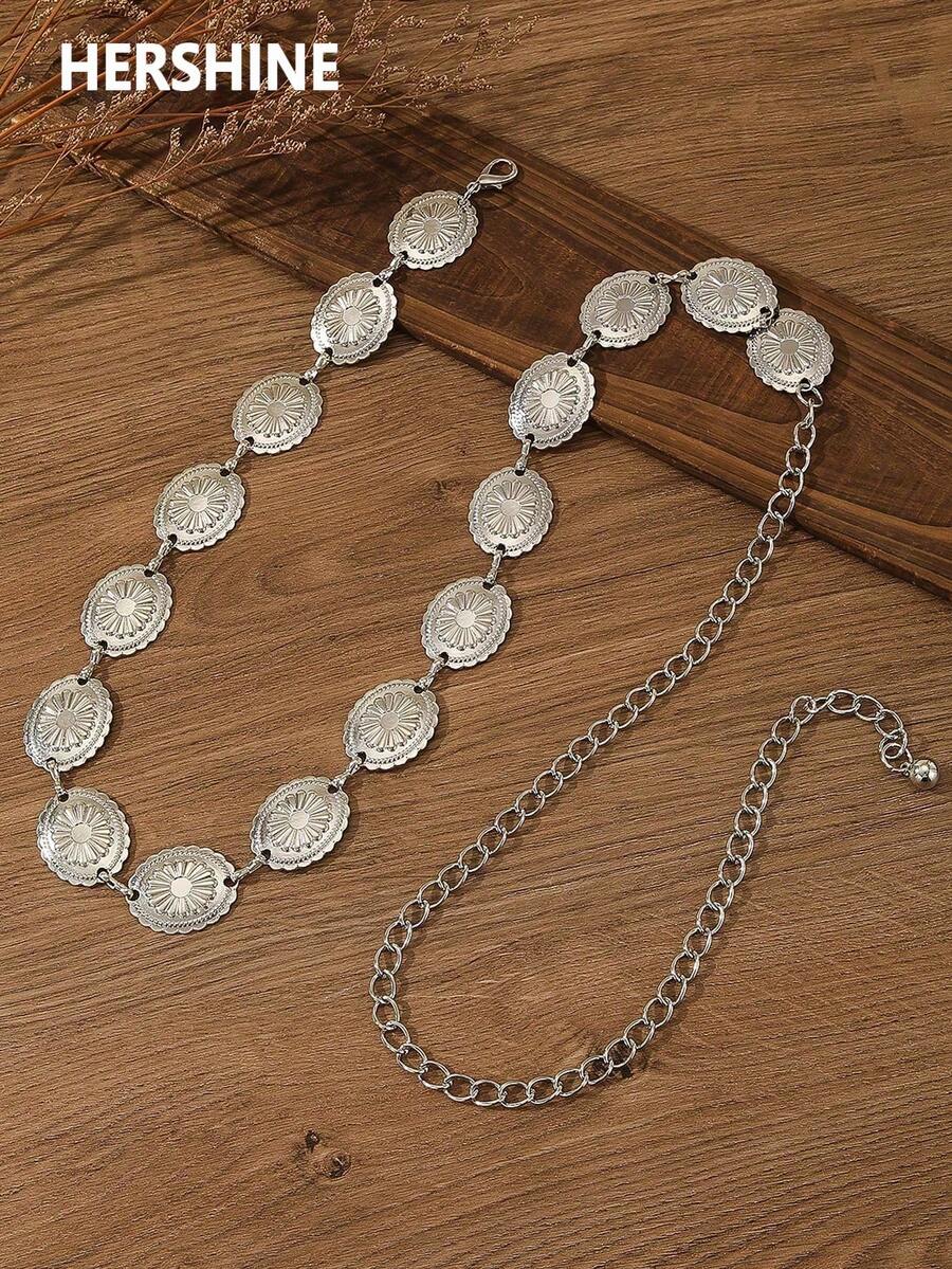 Hershine 1pc Retro Bohemian Style Silver Floral Pattern Waist Chain/Belt, Fashion Accessory For Dress, Pants, Suitable For Daily, Party, Vacation, Great Gift For Friends, Mother, Girlfriend, Birthday, Valentine's Day (Available In Plus Size) - Silver - View 1