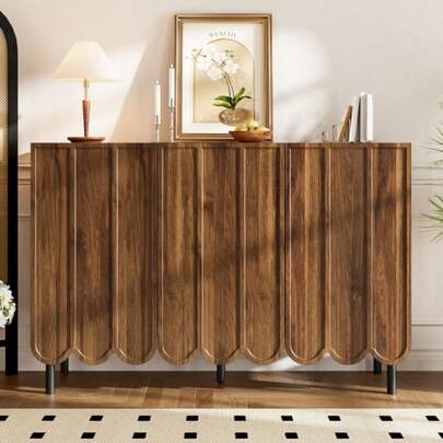 Modern Wooden Sideboard With Wavy Doors - 120x35x80 Cm - Handleless, Adjustable Shelves - Storage Space For Living Room, Hallway And Dining Room