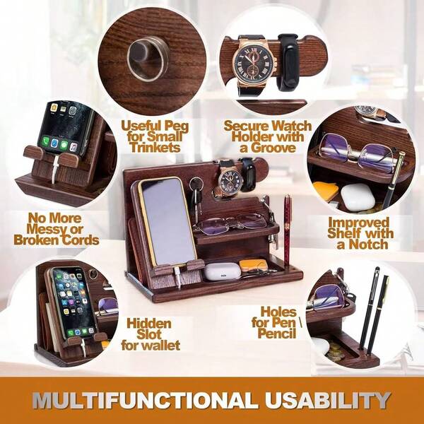 In Stock Wooden Phone Stand, Multifunctional Desktop Organizer With Charging Port, Key Holder, Wooden Docking Station