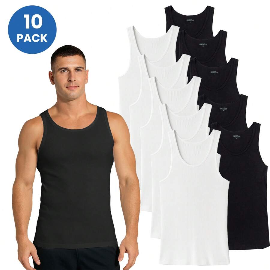 5, 10, 15-Pack Men's Ribbed Classic Tank Tops (Sizes, S To 2XL) - Đen x5 & Trắng x5 - Xem 1