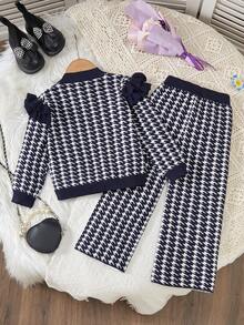 2pcs/Set Young Girls Plaid Knit Sweater And Wide Leg Pants Co-Ord Set, Fashionable Casual Outfit For Girls, Suitable For Everyday Wear, Home, And Outings, Autumn/Winter - Black and White - View 3