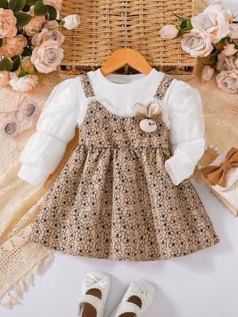 Vestido de manga larga con estampado floral y lazo adorable para niñas, elegante y de moda para uso diario u outdoor, otoño/invierno