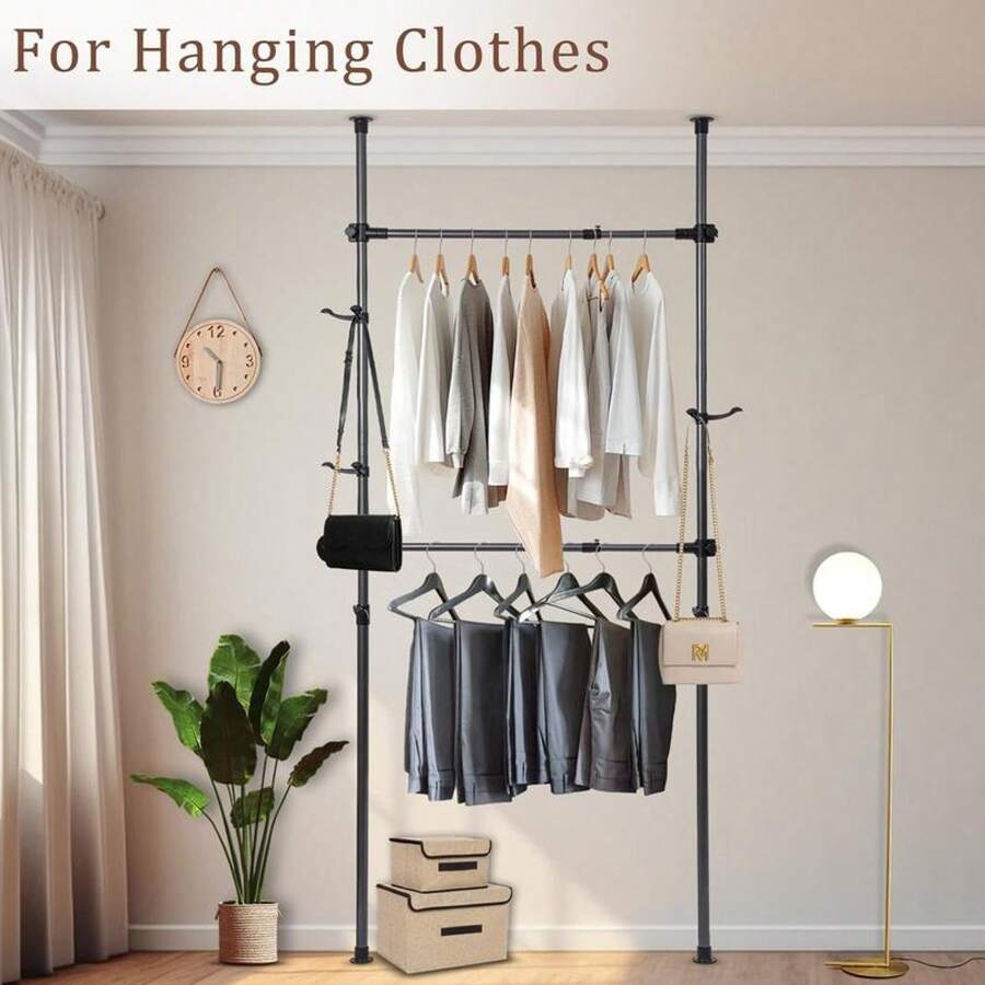 Floor To Ceiling Adjustble Garment Rack, Heavy Duty 2-Tier Clothes Rack - 1-dTLDYJB - View 1