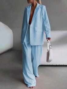 Elegant Business Casual Two-Piece Suit, Single Button Lapel Suit Jacket And Slim Fit Pants, Women's Clothing - 淺藍色 - 查看 2