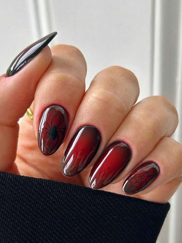 24 Unhas Acrílicas Médias em Formato de Amêndoa para Halloween, Unhas Falsas Francesas Góticas Vermelho e Preto Degradê com Desenho de Teia de Aranha, Estilo Y2K, Cobertura Acrílica Completa e Destacável para Mulheres e Meninas