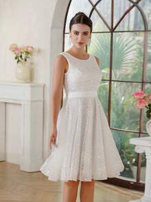 Plain Party Elegant Elaborate Glitter Zipper Backless Wedding Dress Party Graduation Party Formal & Evening Prom Homecoming Bride - 白色 - 查看 4