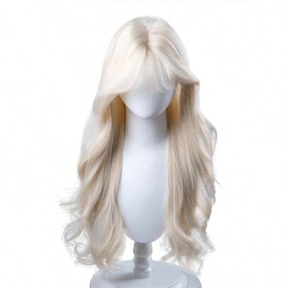 alicegarden 1 Synthetic Heat-Resistant Wig, A Golden Curly Wig With Bangs, 28 Feet Long, Made Of Fiber, Suitable For Daily Use, Natural Simulation Wig