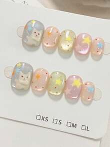 10 miếng dán móng tay hình mèo và ngôi sao dễ thương vẽ tay, họa tiết chấm bi nhiều màu sắc, mắt mèo giả ngọc trai lấp lánh, móng giả ngắn dán sẵn, dễ thương và ngọt ngào để sử dụng hàng ngày, móng giả vuông ngắn có thể tháo rời, phù hợp cho phụ nữ, bé gái và những người đam mê tự làm móng nghệ thuật. - Nhiều màu - Xem 1