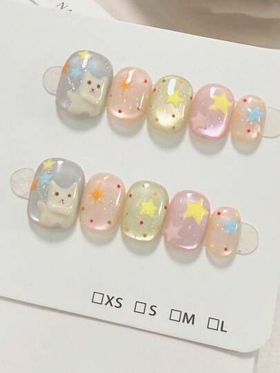 10片手绘可爱猫咪星星美甲贴纸，彩色波点星星，闪亮珍珠猫眼，短款按压式美甲，可爱甜美，适合日常佩戴，短款方形可拆卸假指甲，适合女性、女孩和DIY美甲爱好者。