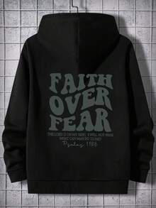 Plus Size Men's Creative English Text Graphic Print Casual Metal Zipper Hoodie Sweatshirt, Autumn/Winter