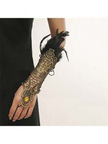 1 buc Mănuși fără degete cu manșetă din dantelă gotică neagră cu stras auriu, încălzitoare de brațe Steampunk, brățară cu mânecă din dantelă în stil vintage, bijuterii pentru acoperirea tatuajelor, potrivite pentru toate anotimpurile, purtare zilnică, sărbători, Halloween, cadouri de Crăciun