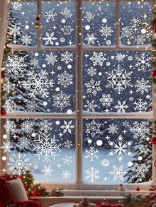 113pcs/Set 3D Christmas Static Cling Window Stickers, Includes 2 Double-Sided Christmas Stickers, White Snowflake Static Cling Glass Stickers, Reusable Santa Claus, Snowman, Snowflake, Reindeer Decorative Stickers, Suitable For Home, Shop Windows, Holiday Party Decor, Easy To Apply And Remove, Window Stickers With Double-Sided Christmas Stickers