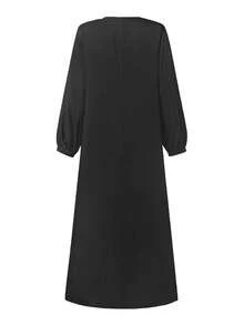 Đầm maxi nữ thanh lịch, màu trơn, cổ tròn, tay phồng, kiểu dáng Ả Rập, trang trí cúc, thích hợp cho mùa xuân/thu và lễ Eid. - màu đen - Xem 7