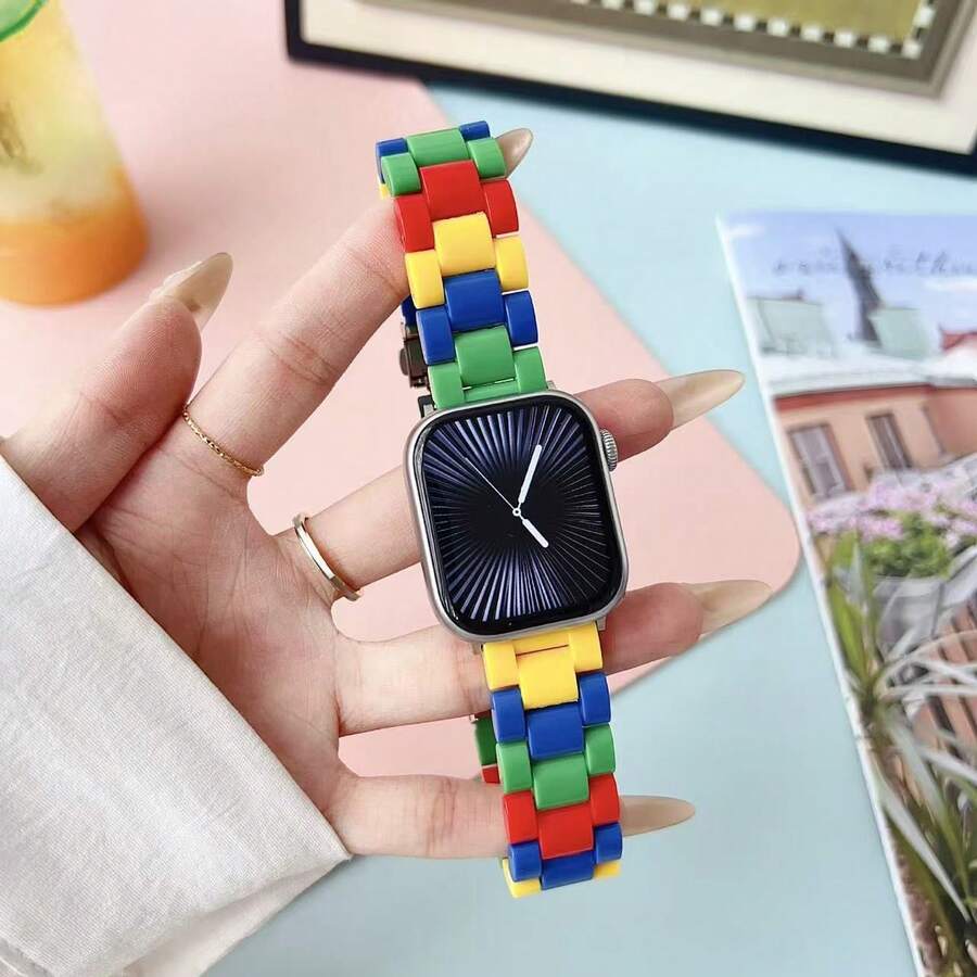 1 Pc Of Men's And Women's Dopamine Building Blocks, Compatible With Apple Watch Band, Watch Strap, New Resin Cute Cartoon Creative Wristbands, Smart Band Accessories, Compatible With Apple Watch 40/41/42/44/45/46/49/38mm, Suitable For Apple Watch Series 10/9/SE/8/7/6/5/4/3/2/1 Ultra3/2/1, Summer, Breathable, Lightweight.Ladies Watchs